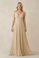 Champagne Pleated V-Neck A-Line Chiffon Bridesmaid Dress | KISSBRIDAL
