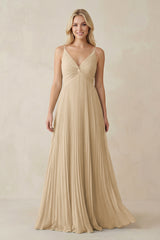 Champagne Pleated V-Neck A-Line Chiffon Bridesmaid Dress | KISSBRIDAL
