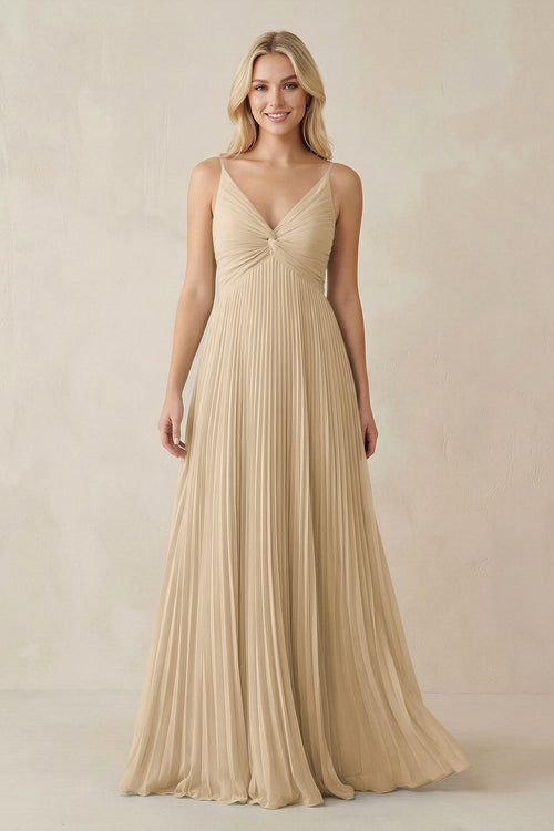 Champagne Pleated V-Neck A-Line Chiffon Bridesmaid Dress | KISSBRIDAL