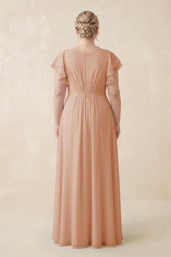 Champagne Rose Cap Sleeve Ruffled A-Line Chiffon Bridesmaid Dress (2) | KISSBRIDAL
