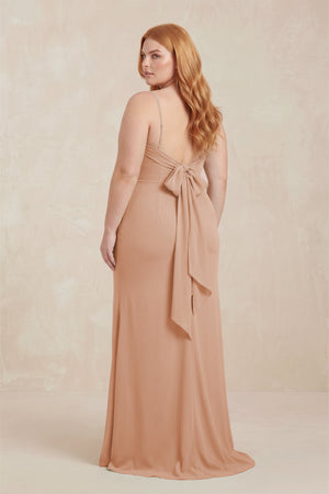 Champagne Rose Cowl Neck Sheath Chiffon Bridesmaid Dress with Corset (2) | KISSBRIDAL