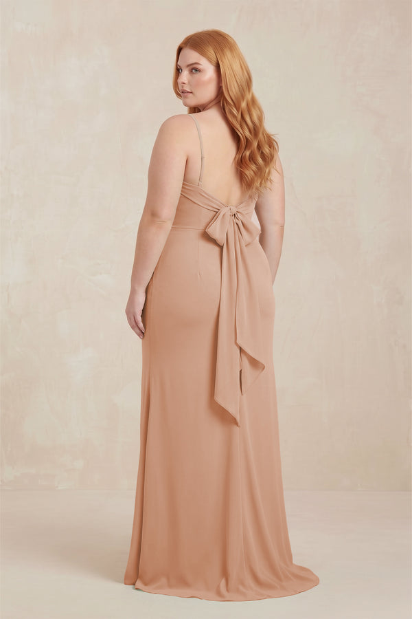 Champagne Rose Cowl Neck Sheath Chiffon Bridesmaid Dress with Corset (2) | KISSBRIDAL