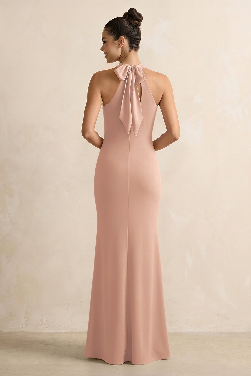 Crisscross Halter Sheath Satin Bridesmaid Dress with Bow in Champagne Rose
