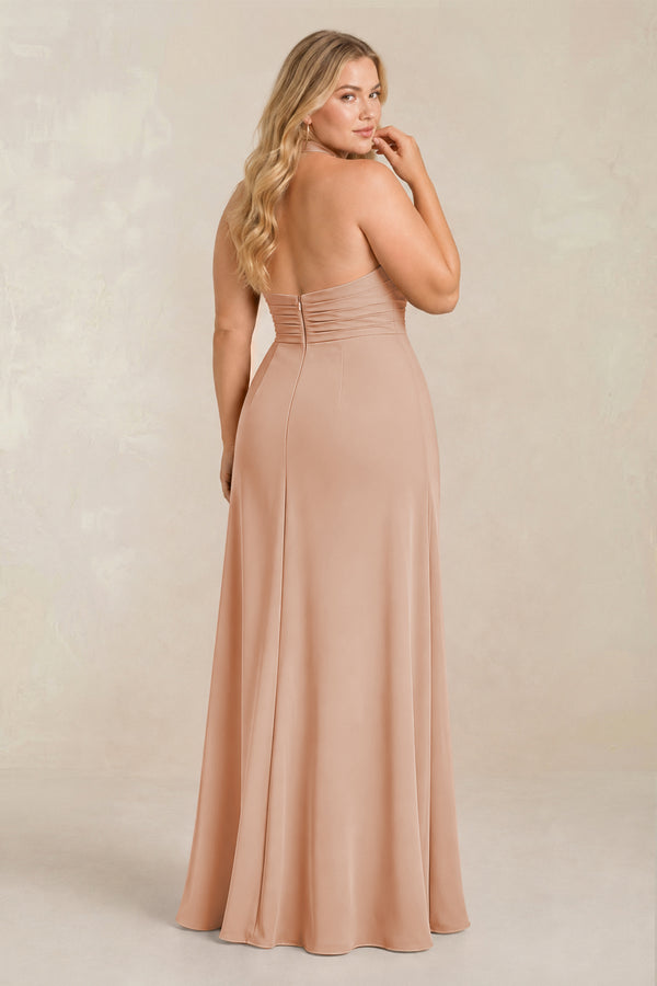 Champagne Rose High Neck Chiffon Sheath Ruched Bridesmaid Dress (2) [sizeplus] | KISSBRIDAL