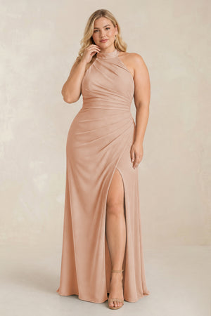 Champagne Rose High Neck Chiffon Sheath Ruched Bridesmaid Dress [sizeplus] | KISSBRIDAL