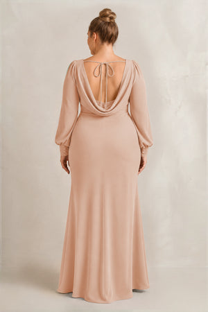 Champagne Rose Long Sleeve V-Neck Sheath Chiffon Bridesmaid Dress (2) [sizeplus] | KISSBRIDAL