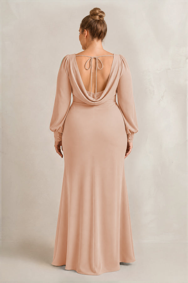 Champagne Rose Long Sleeve V-Neck Sheath Chiffon Bridesmaid Dress (2) [sizeplus] | KISSBRIDAL