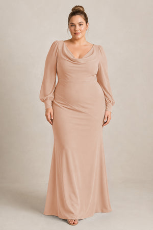 Champagne Rose Long Sleeve V-Neck Sheath Chiffon Bridesmaid Dress [sizeplus] | KISSBRIDAL