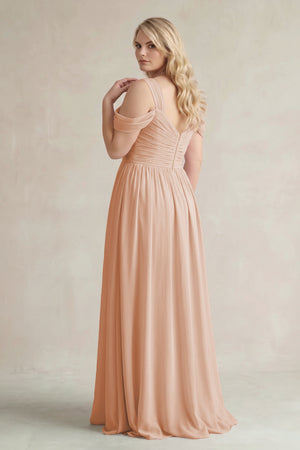 Champagne Rose Off-the-Shoulder A-Line Chiffon Bridesmaid Dress With Slit (2) | KISSBRIDAL