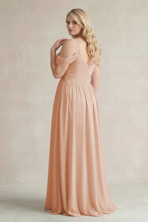 Champagne Rose Off-the-Shoulder A-Line Chiffon Bridesmaid Dress With Slit (2) | KISSBRIDAL