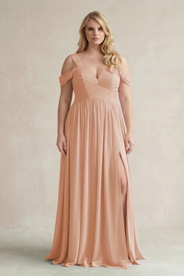 Champagne Rose Off-the-Shoulder A-Line Chiffon Bridesmaid Dress With Slit | KISSBRIDAL