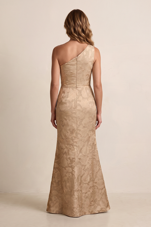 Champagne Rose One-Shoulder Sheath Ruched Jacquard Mother of the Bride Dress with Slit (2) | KISSBRIDAL