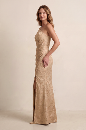Champagne Rose One-Shoulder Sheath Ruched Jacquard Mother of the Bride Dress with Slit (3) | KISSBRIDAL