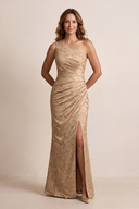Champagne Rose One-Shoulder Sheath Ruched Jacquard Mother of the Bride Dress with Slit | KISSBRIDAL