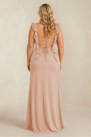 Champagne Rose Ruffled Sleeve Ruched Sheath Chiffon Bridesmaid Dress (2) [sizeplus] | KISSBRIDAL
