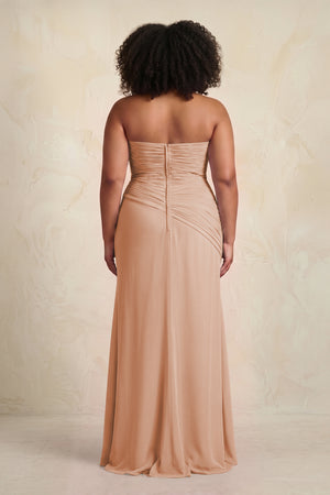 Champagne Rose Sheath Chiffon Strapless Pleated Bridesmaid Dress (2) | KISSBRIDAL[sizeplus]