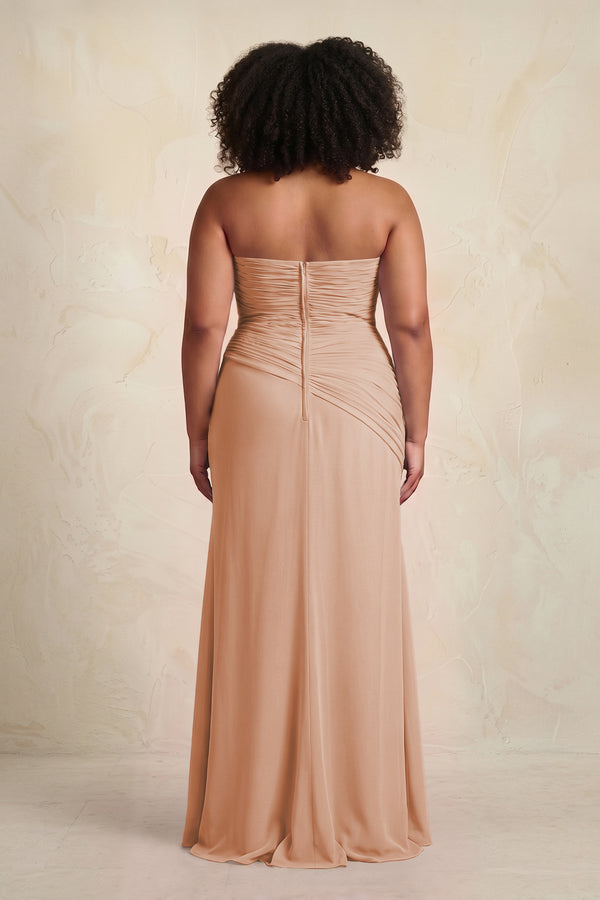 Champagne Rose Sheath Chiffon Strapless Pleated Bridesmaid Dress (2) | KISSBRIDAL[sizeplus]