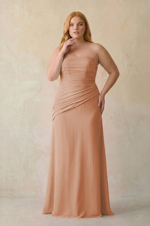 Champagne Rose Sheath Chiffon Strapless Pleated Bridesmaid Dress (3) | KISSBRIDAL[sizeplus]