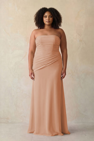 Champagne Rose Sheath Chiffon Strapless Pleated Bridesmaid Dress | KISSBRIDAL[sizeplus]