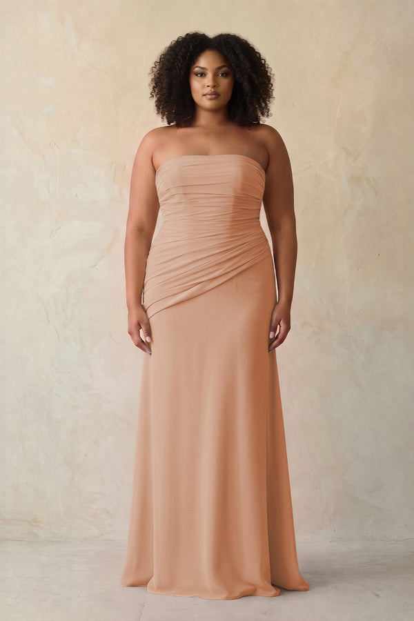 Champagne Rose Sheath Chiffon Strapless Pleated Bridesmaid Dress | KISSBRIDAL[sizeplus]