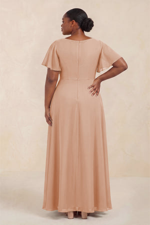 Champagne Rose Short Sleeves Bateau A-Line Chiffon Bridesmaid Dress (4) [sizeplus] | KISSBRIDAL