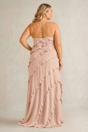 Champagne Rose Spaghetti Straps Sheath Stain Ruffled Bridesmaid Dress (2) | KISSBRIDAL[sizeplus]