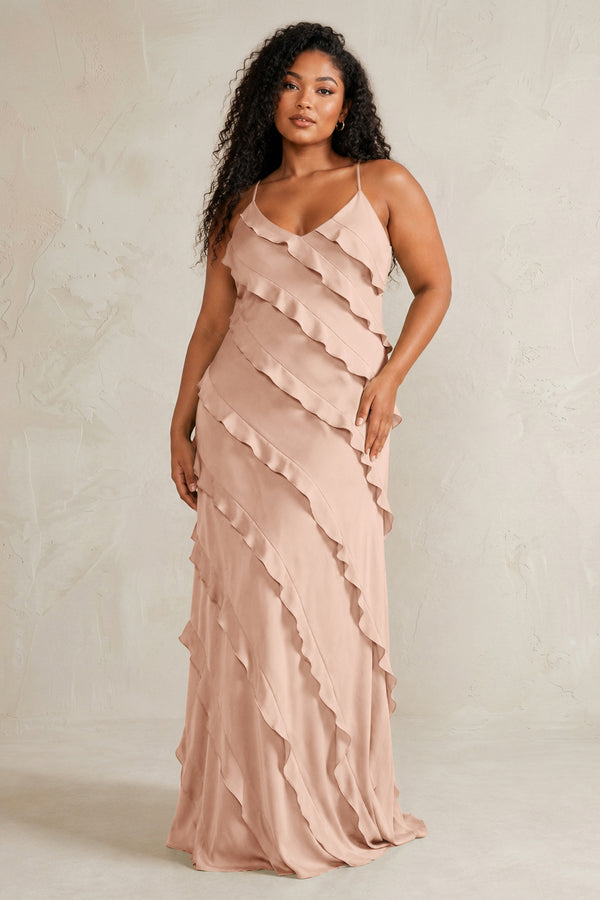 Champagne Rose Spaghetti Straps Sheath Stain Ruffled Bridesmaid Dress (3) | KISSBRIDAL[sizeplus]