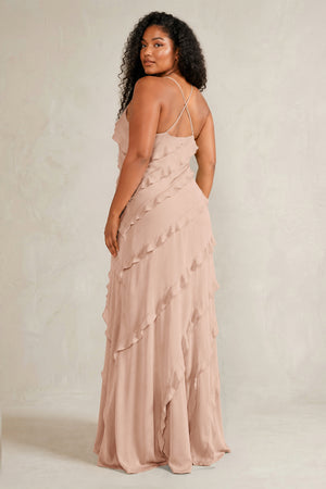 Champagne Rose Spaghetti Straps Sheath Stain Ruffled Bridesmaid Dress (4) | KISSBRIDAL[sizeplus]