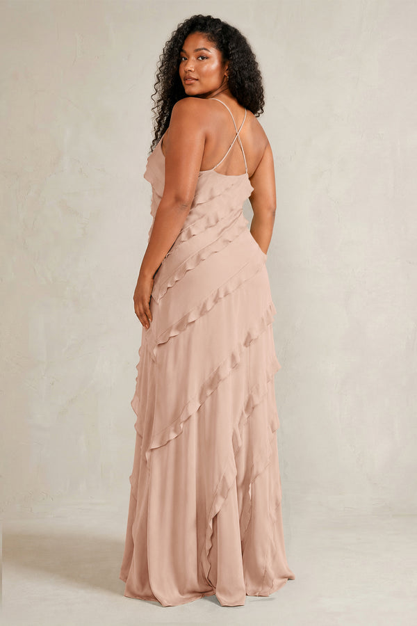 Champagne Rose Spaghetti Straps Sheath Stain Ruffled Bridesmaid Dress (4) | KISSBRIDAL[sizeplus]