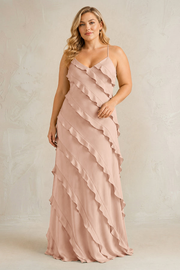 Champagne Rose Spaghetti Straps Sheath Stain Ruffled Bridesmaid Dress | KISSBRIDAL[sizeplus]