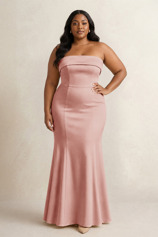 Champagne Rose Strapless Satin Mermaid Bridesmaid Dress [sizeplus] | KISSBRIDAL