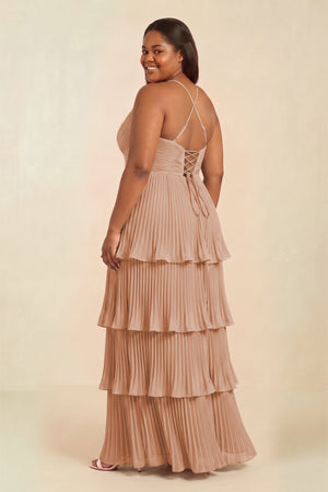 Champagne Rose Tiered Pleated V-Neck A-Line Chiffon Bridesmaid Dress (2) [sizeplus] | KISSBRIDAL