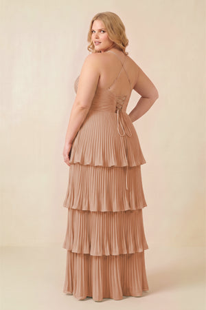 Champagne Rose Tiered Pleated V-Neck A-Line Chiffon Bridesmaid Dress (4) [sizeplus] | KISSBRIDAL