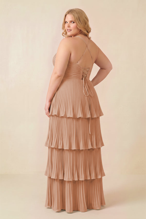 Champagne Rose Tiered Pleated V-Neck A-Line Chiffon Bridesmaid Dress (4) [sizeplus] | KISSBRIDAL