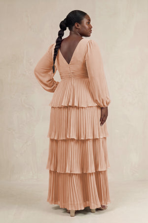 Champagne Rose V-Neck Tiered A-Line Long Sleeve Bridesmaid Dress (2) [sizeplus] | KISSBRIDAL