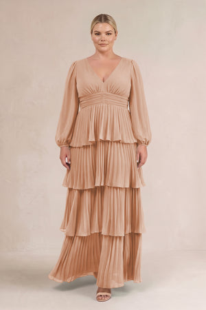 Champagne Rose V-Neck Tiered A-Line Long Sleeve Bridesmaid Dress (3) [sizeplus] | KISSBRIDAL