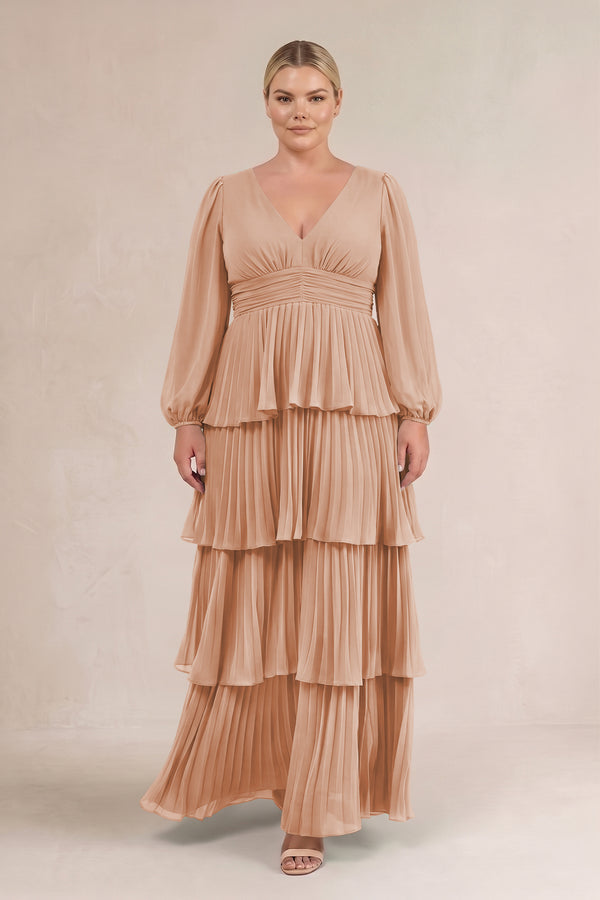 Champagne Rose V-Neck Tiered A-Line Long Sleeve Bridesmaid Dress (3) [sizeplus] | KISSBRIDAL