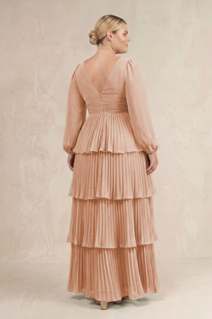 Champagne Rose V-Neck Tiered A-Line Long Sleeve Bridesmaid Dress (4) [sizeplus] | KISSBRIDAL