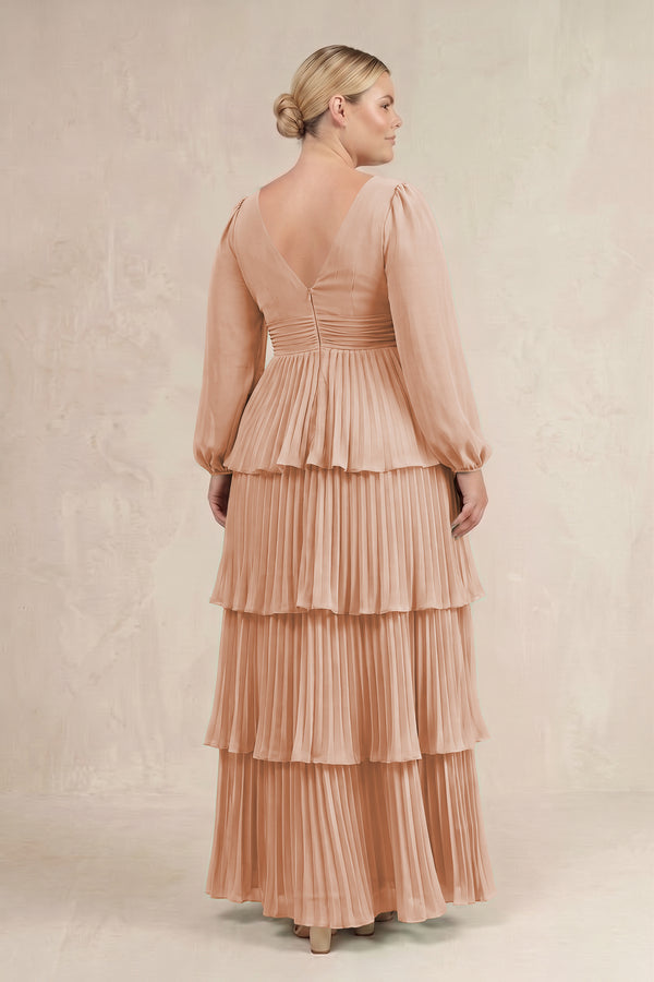 Champagne Rose V-Neck Tiered A-Line Long Sleeve Bridesmaid Dress (4) [sizeplus] | KISSBRIDAL