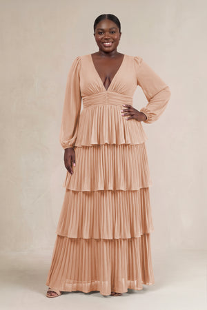Champagne Rose V-Neck Tiered A-Line Long Sleeve Bridesmaid Dress [sizeplus] | KISSBRIDAL