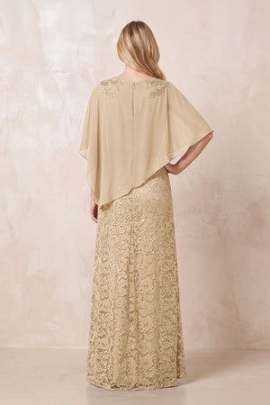 Champagne Round Neck Lace Sheath Chiffon Cape Sleeves Mother of the Bride Dress (2) | KISSBRIDAL
