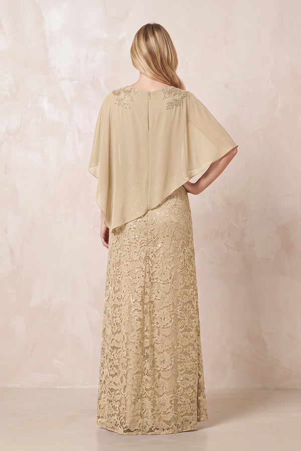 Champagne Round Neck Lace Sheath Chiffon Cape Sleeves Mother of the Bride Dress (2) | KISSBRIDAL
