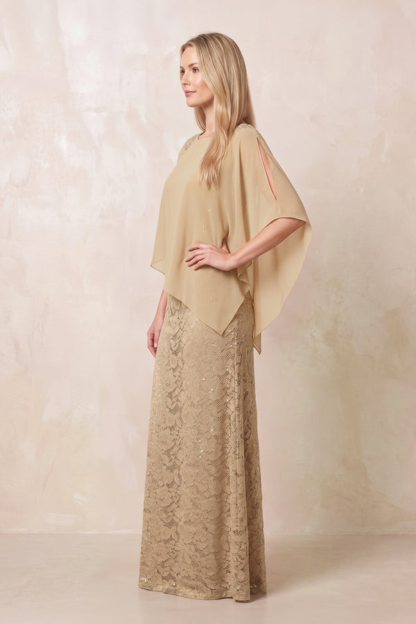 Champagne Round Neck Lace Sheath Chiffon Cape Sleeves Mother of the Bride Dress (3) | KISSBRIDAL
