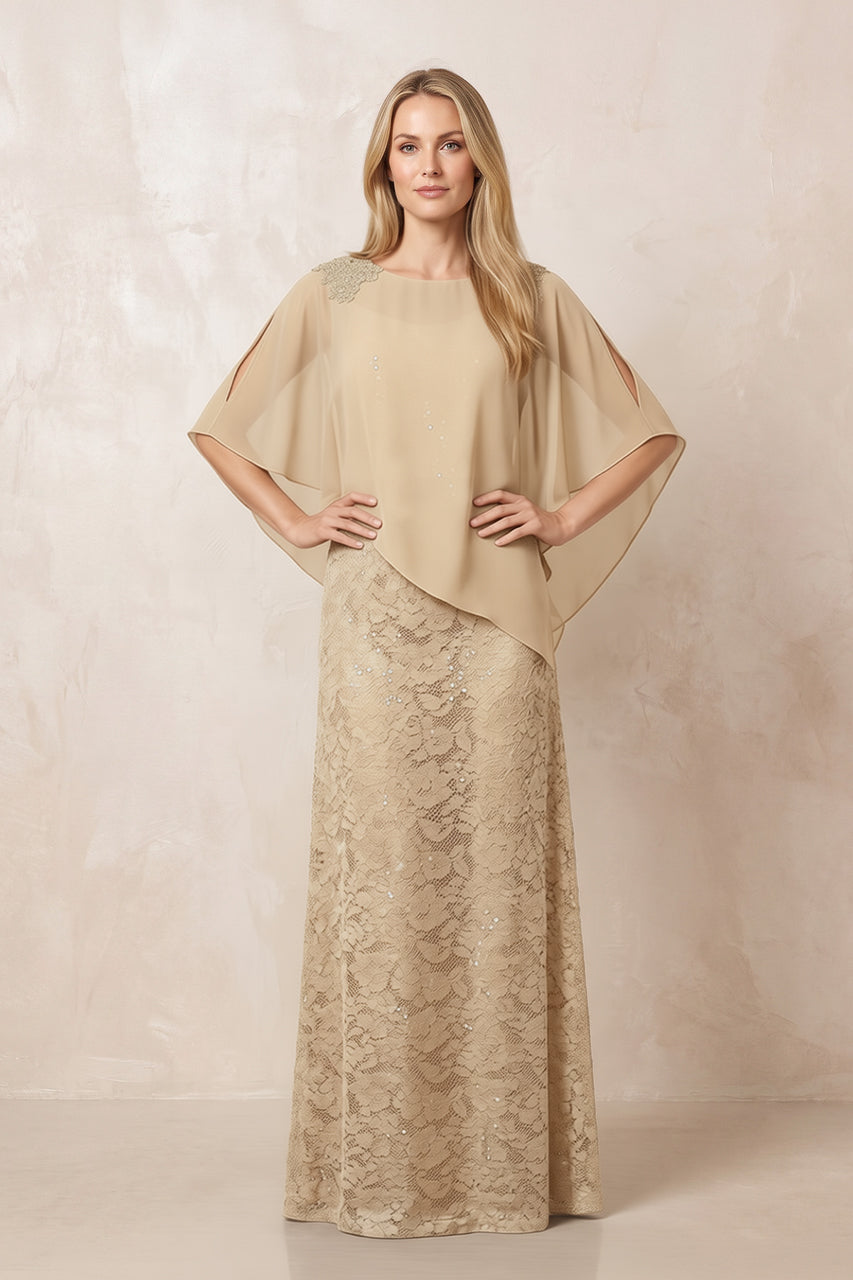 Champagne Round Neck Lace Sheath Chiffon Cape Sleeves Mother of the Bride Dress