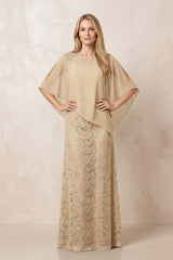 Champagne Round Neck Lace Sheath Chiffon Cape Sleeves Mother of the Bride Dress | KISSBRIDAL