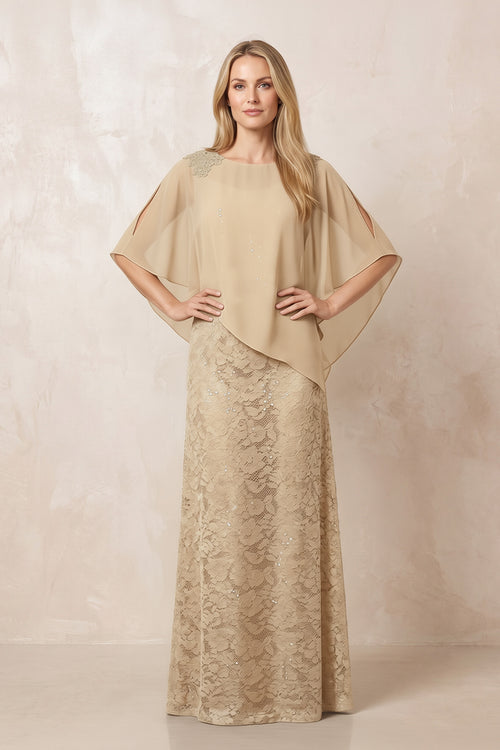 Champagne Round Neck Lace Sheath Chiffon Cape Sleeves Mother of the Bride Dress | KISSBRIDAL