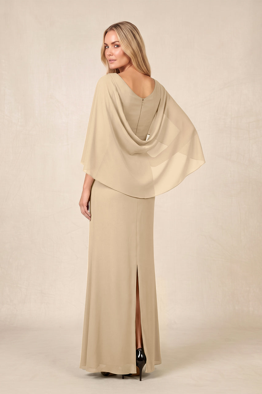Champagne Round Neck Sheath Chiffon Cape Sleeves Ruched Mother of the Bride Dress