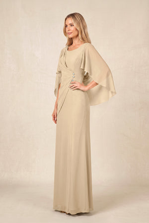 Champagne Round Neck Sheath Chiffon Cape Sleeves Ruched Mother of the Bride Dress (3) | KISSBRIDAL