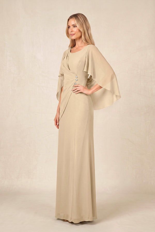 Champagne Round Neck Sheath Chiffon Cape Sleeves Ruched Mother of the Bride Dress (3) | KISSBRIDAL