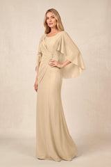 Champagne Round Neck Sheath Chiffon Cape Sleeves Ruched Mother of the Bride Dress | KISSBRIDAL